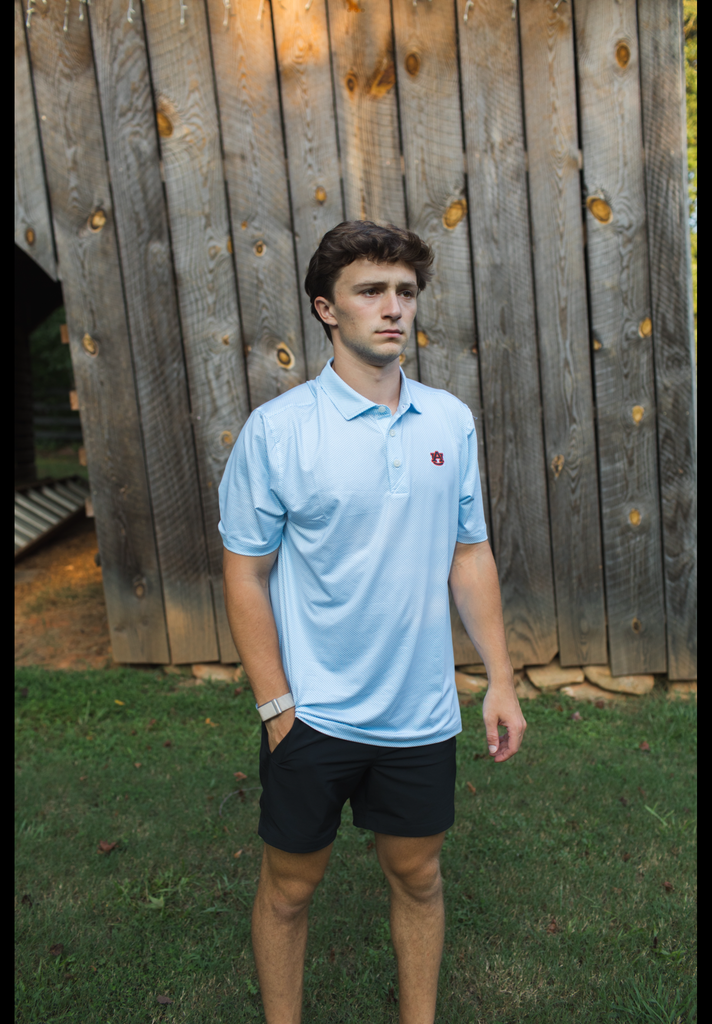 Auburn Tigers Forge Eco Fine Line Stripe Stretch Recycled Mens Polo - Auburn Logo