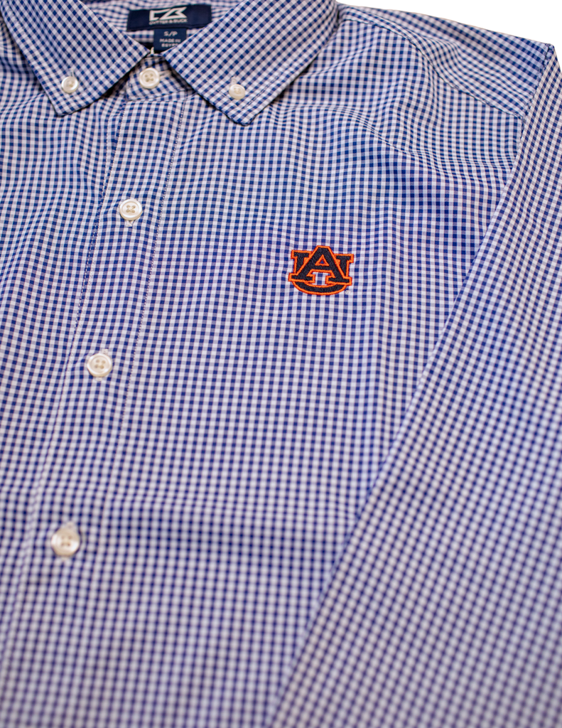 Cutter & Buck Auburn Tigers Skyline Eco Gingham Long Sleeve Dress Shirt - Auburn Logo
